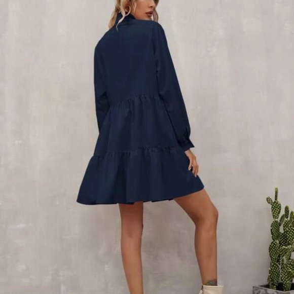 Navy Blue Babydoll Mini Long sleeved Dress - Picture 5 of 7
